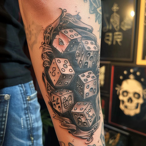 Dice tattoo with medieval fantasy, in the style of Peter Jackson