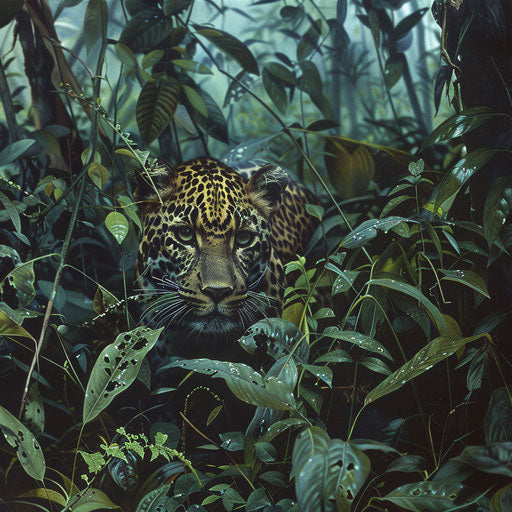 The leopard quietly moving through the dense foliage of the Amazon rainforest