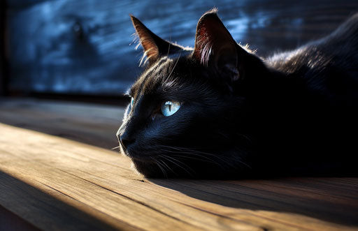 Black cat on wooden deck, velvety textures, masculine