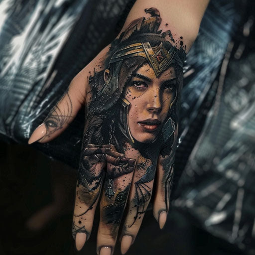 Dynamic and action-packed hand tattoo for women with adventurous scenes