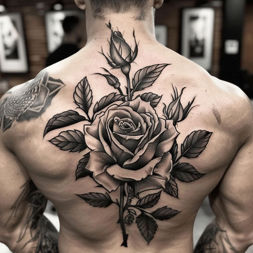 Rose tattoos for men in the style of Humberto Ramos with a dynamic, action-packed rose scene