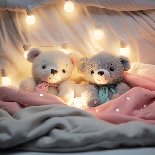 Two teddy bears in bed with lights around them