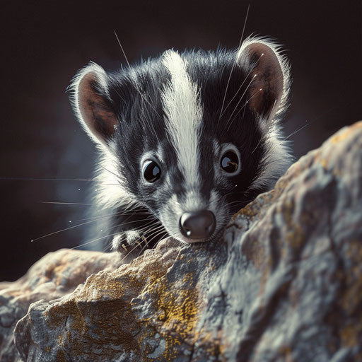 A playful skunk hiding behind a rock