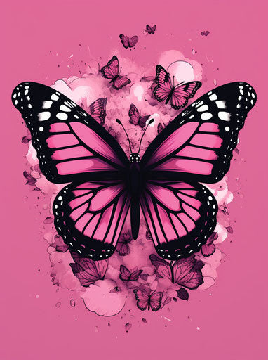 Monarch butterfly, pink and black, kawaii style, colorful drawings