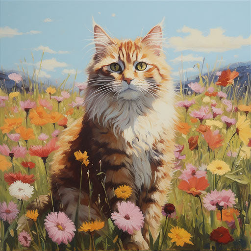Manx cat in a field of flowers