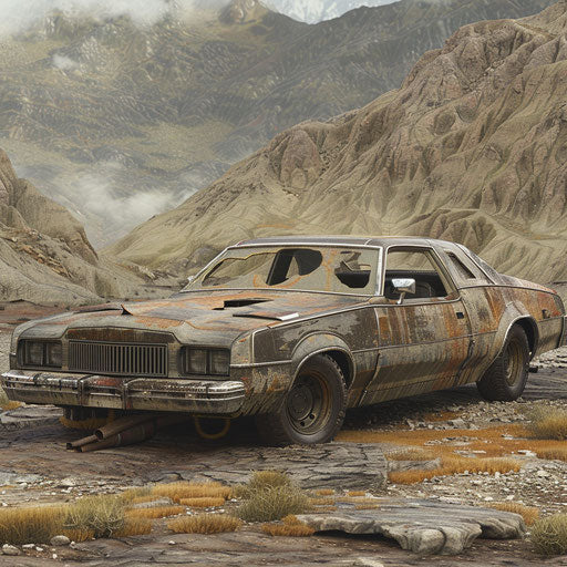 Post-apocalyptic 1976 Malibu Classic with armored plating and survival gear, in a desolate landscape