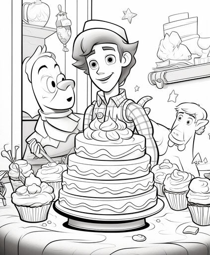 Happy birthday coloring pages of Toy Story 2, in the style of comic art, qajar art, joyful celebration of nature 5:6