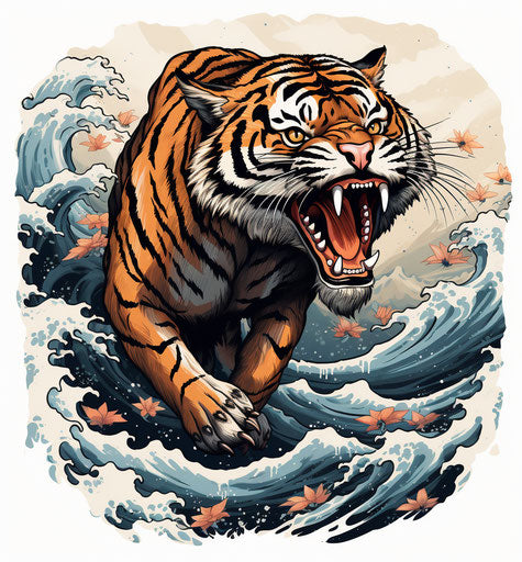 Jumping tiger, neo-traditional Japanese style, tattoo