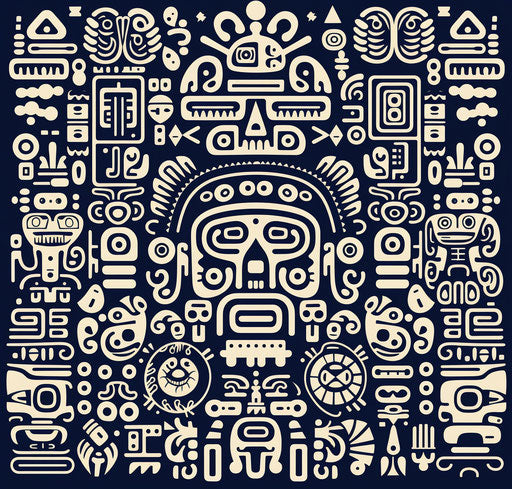 Ethnic iconic art, vector illustration, dark white navy style, pre-Columbian art, rough-edged 2D animation, celestialpunk, Moche art, sublime typography