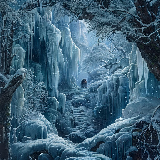 Mystical scene of a Yunnan snub-nosed monkey navigating through icy stalagmites in a snow-covered forest