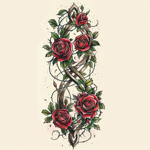 Romantic flat tattoo sketch of a rune intertwined with roses and vines in deep reds and greens