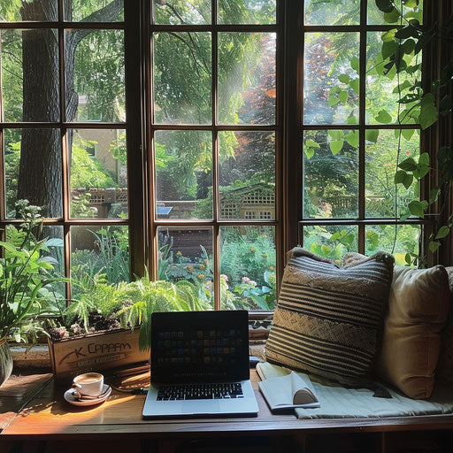 Home office with laptop and garden view