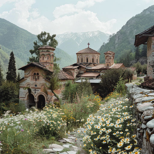 Rila Monastery with rugged terrain and wildflowers blooming in Corey Arnold style