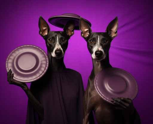 The best frisbee dogs in the world, in the style of dark violet and amber