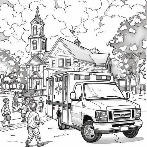 Ambulance in front of school, children learning first aid