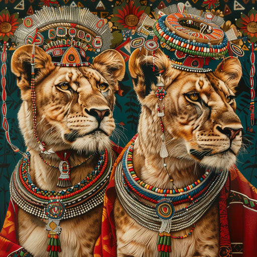 Festive lions with traditional Maasai beads