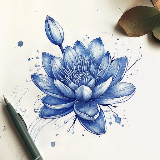 Fantasy water lily tattoo concept merging the flower with mythical creatures or elements, illustrated on a white canvas.