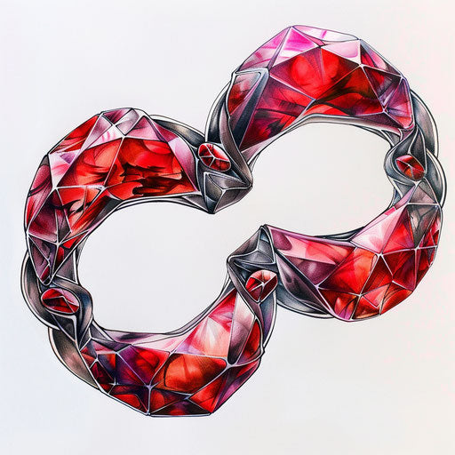 Romantic tattoo sketch of two intertwined rubies forming an infinity symbol, in glossy red and black, clipart style
