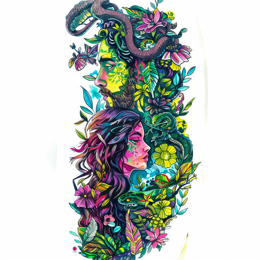 Vibrant Garden of Eden tattoo with Adam and Eve