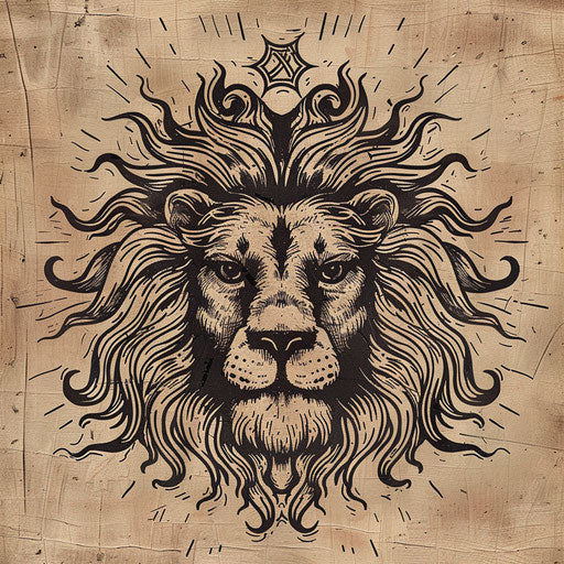 Rustic woodcut tattoo sketch of the Lion of Judah