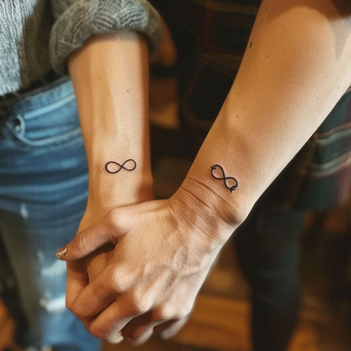 Friendship tattoos in the style of Ami James featuring minimalist infinity symbols