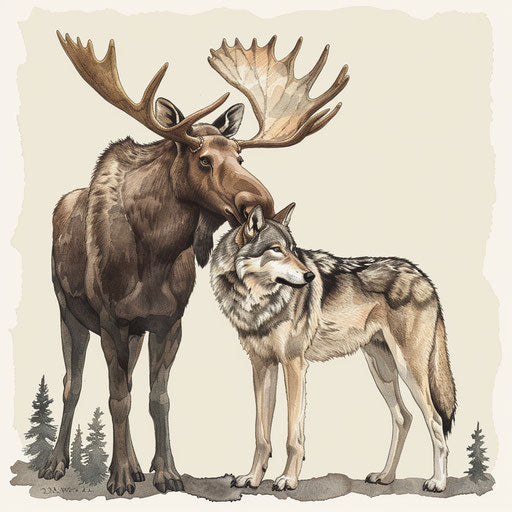 A moose and a wolf standing side by side in harmony