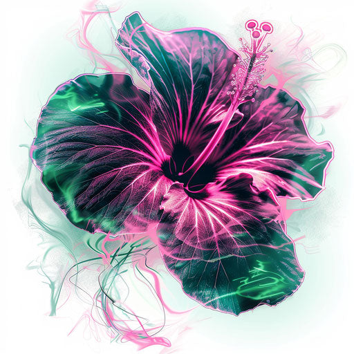 Neon hibiscus tattoo, vivid pink and green on white background