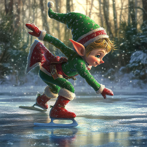 An elf ice skating on a frozen pond, his green and red outfit sparkling with tiny ice crystals.