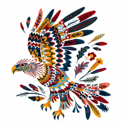 Folk art eagle tattoo, colorful patterns, simple shapes