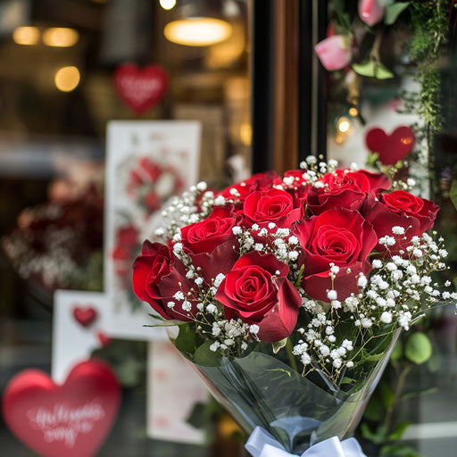 Bouquet of red roses and baby's breath, romantic atmosphere