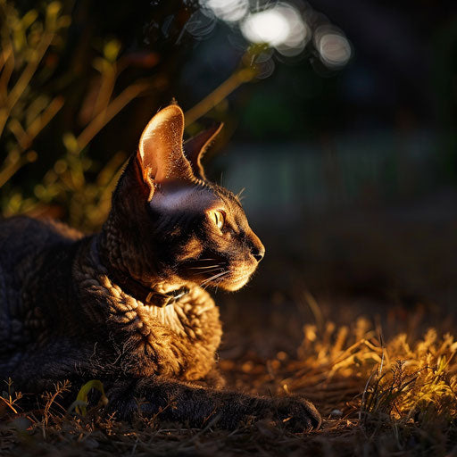 Cornish Rex cat outdoors at night