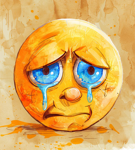 Crying emoticion with blue color and sad eyes, light orange and light gold style