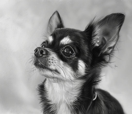 Black & white chihuahua drawing, in the style of patricia piccinini