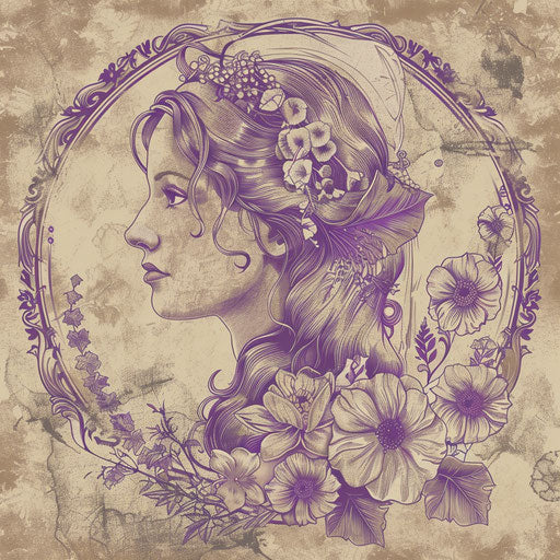 Female virgo with flower and symbols in ink-washed style