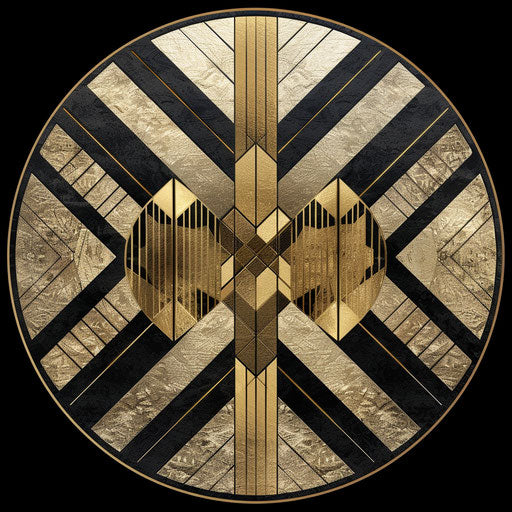 Art Deco round logo with angular designs on black and gold background