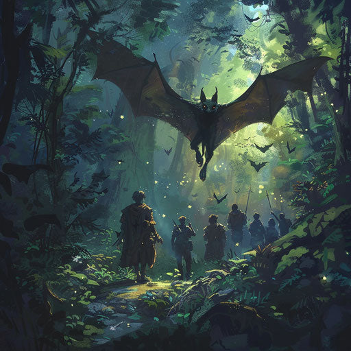 A bat leading adventurers through a dark enchanted forest