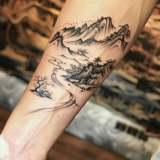 Traditional Chinese landscape on white silk