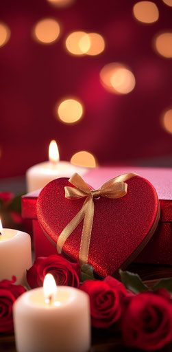 Red heart-shaped box with a gold ribbon