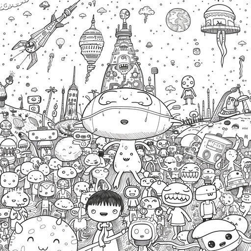 Sci-fi celebration with happy alien creatures in the style of Mamoru Hosoda, coloring book page