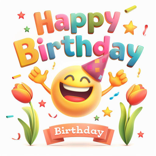 Happy birthday message with smiley emoji and tulips
