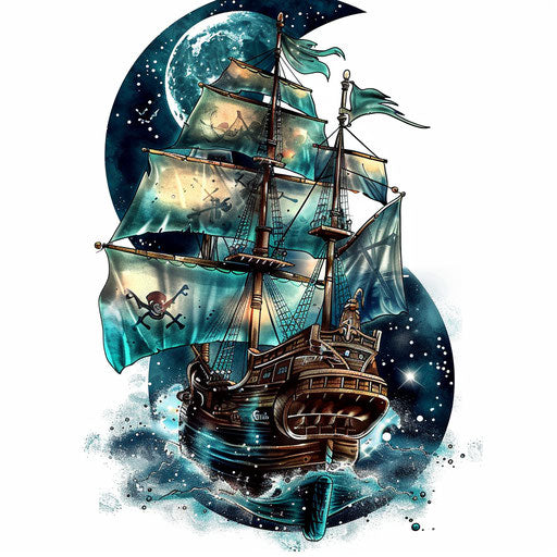 Pirate galleon sailing in the moonlit night