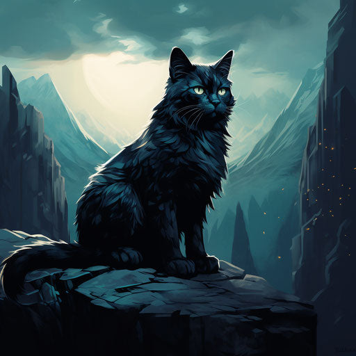A cat in the mountains next to a rock, dark fantasy style of creatures, junglepunk