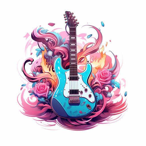 Electric guitar with flaming flames and blank plaque