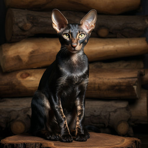 Oriental shorthair cat sitting in front of a log cabin