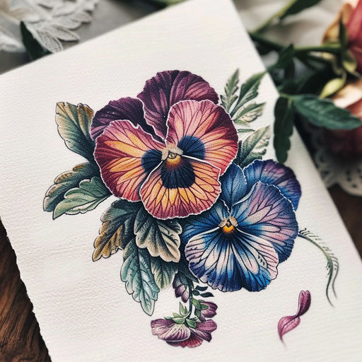 Victorian style small pansy flower tattoo illustration, in rich colors on white paper