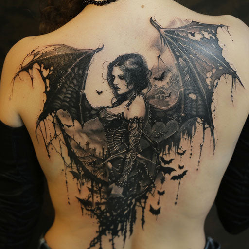 Lower back tattoo of a gothic vampire