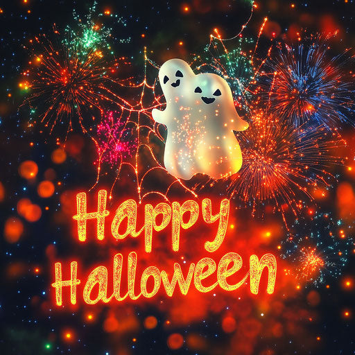 Fireworks shaped like ghosts and pumpkins in the night sky