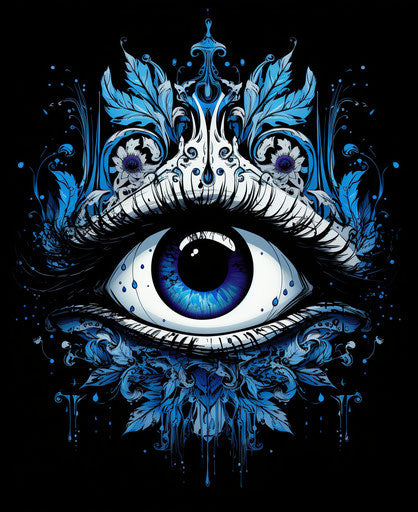 Black and white drawing of the eye with blue, intricate foliage style