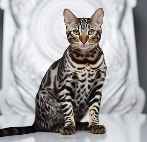 Bengal cat sitting on white background, dark silver and light maroon style