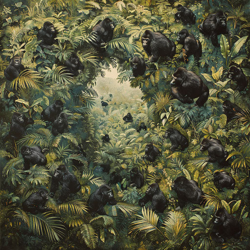 Western lowland gorilla troop moving through jungle tapestry